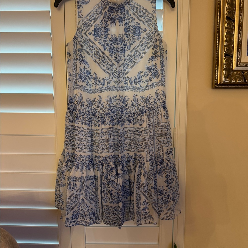 Calvin Klein Blue White Paisley Print Tiered Tie Mock Neck Shift Dress 6 Petite